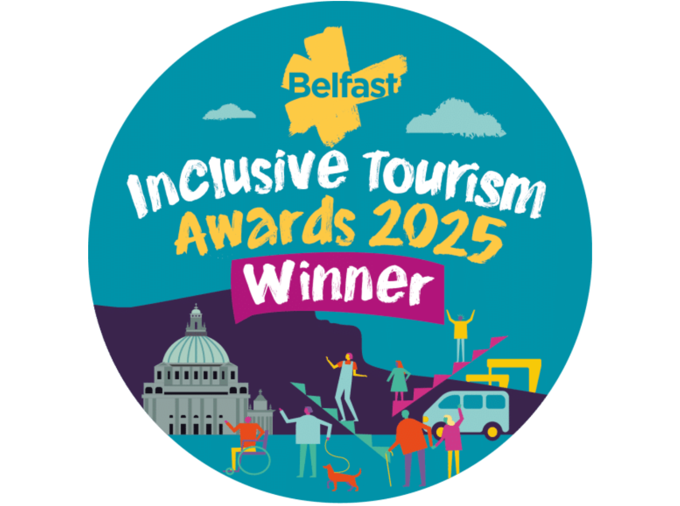 Circular logo with "Belfast Inclusive Tourism Awards 2025 Winner." Features diverse figures, a building, and a vehicle. Represents inclusivity and celebration.