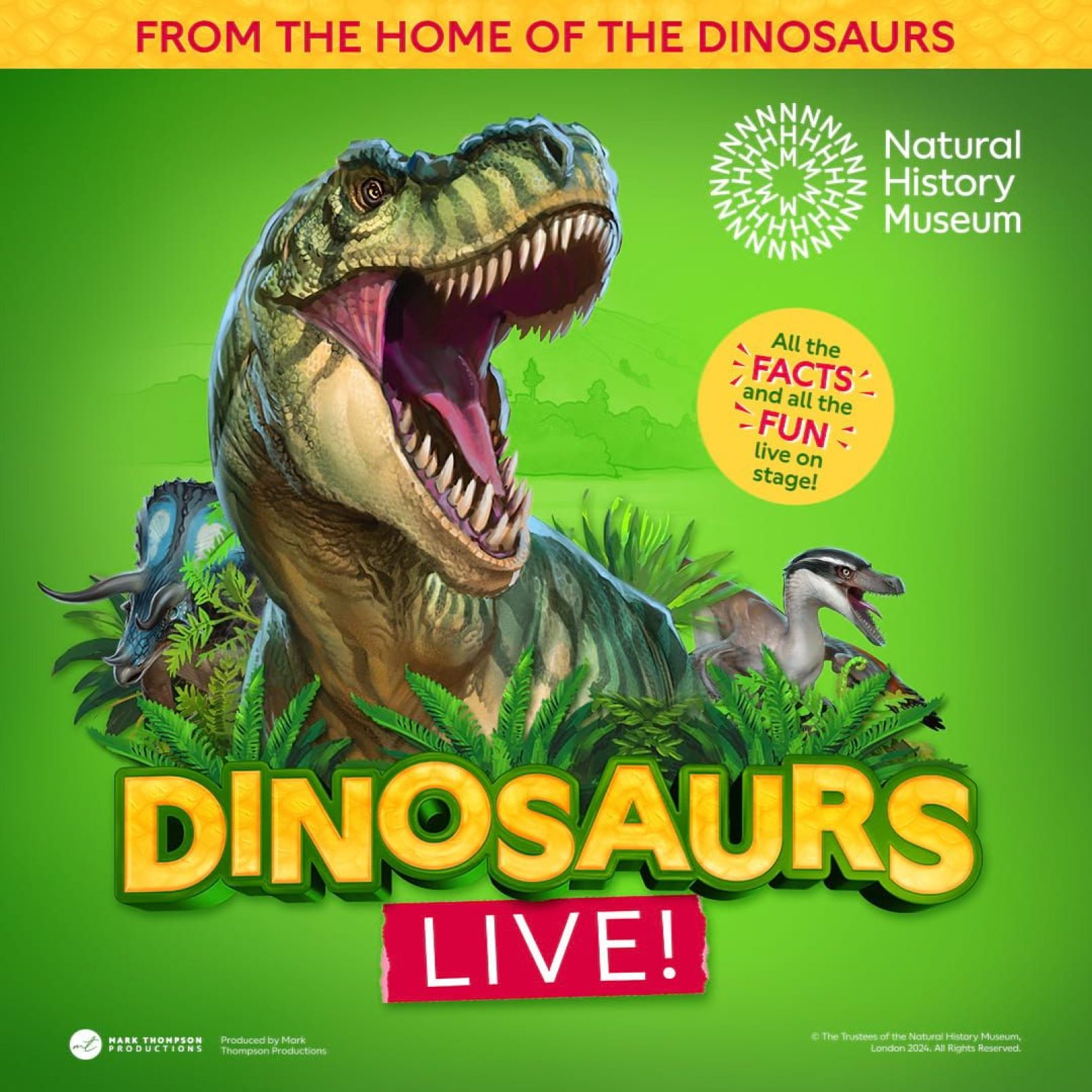 Dinosaur-themed event poster by the Natural History Museum featuring a roaring T-Rex and other dinosaurs with text "Dinosaurs Live!"