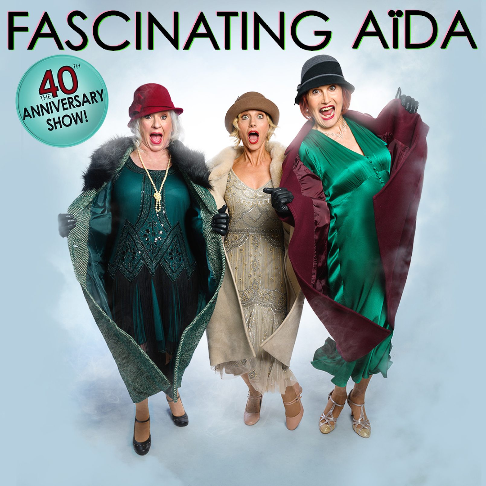 Three women in vintage flapper dresses and hats strike a lively pose, holding open their colourful coats. They express surprise and joy.