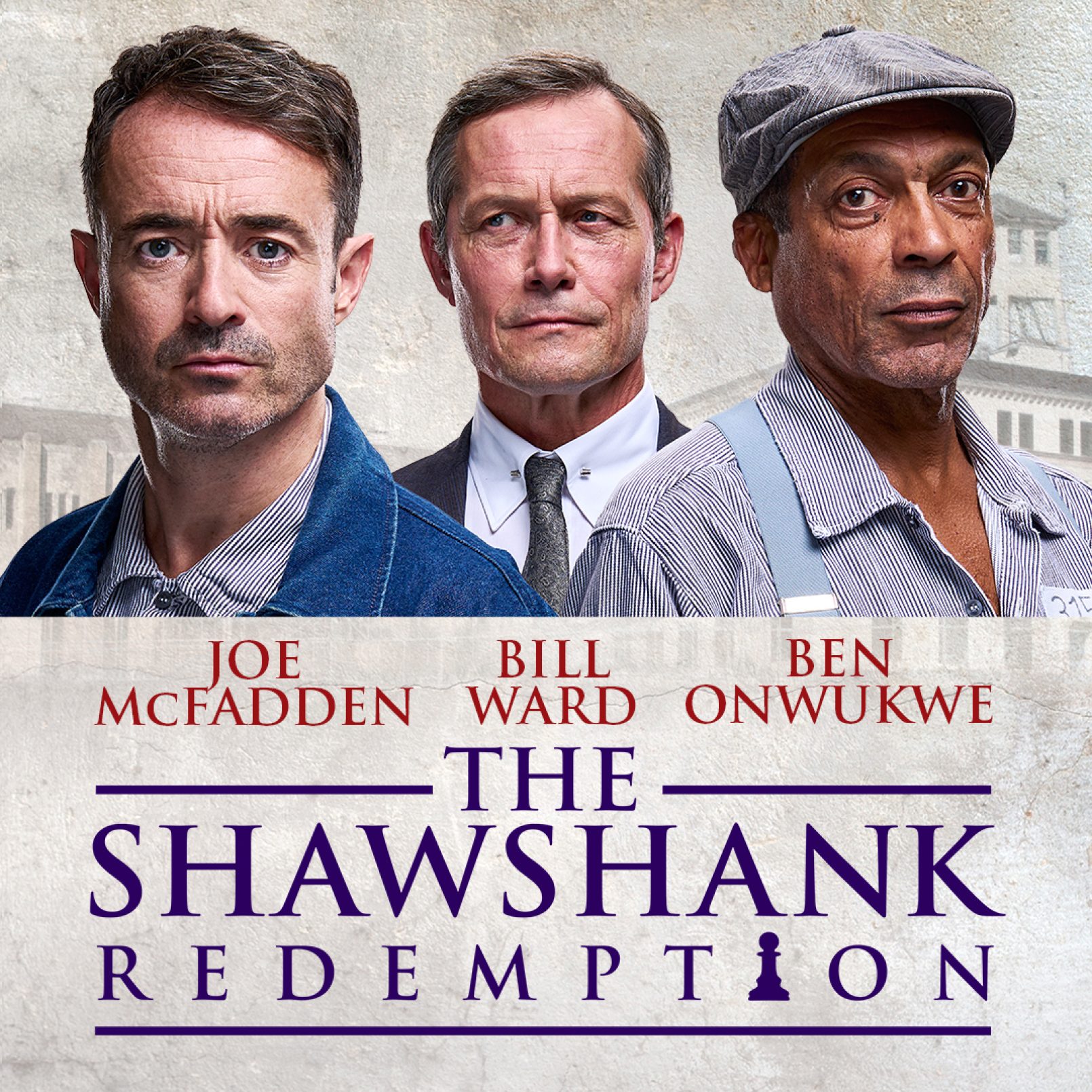 Three serious-looking men are shown against a textured backdrop. Below them, the text reads "The Shawshank Redemption." The tone is somber and intense.