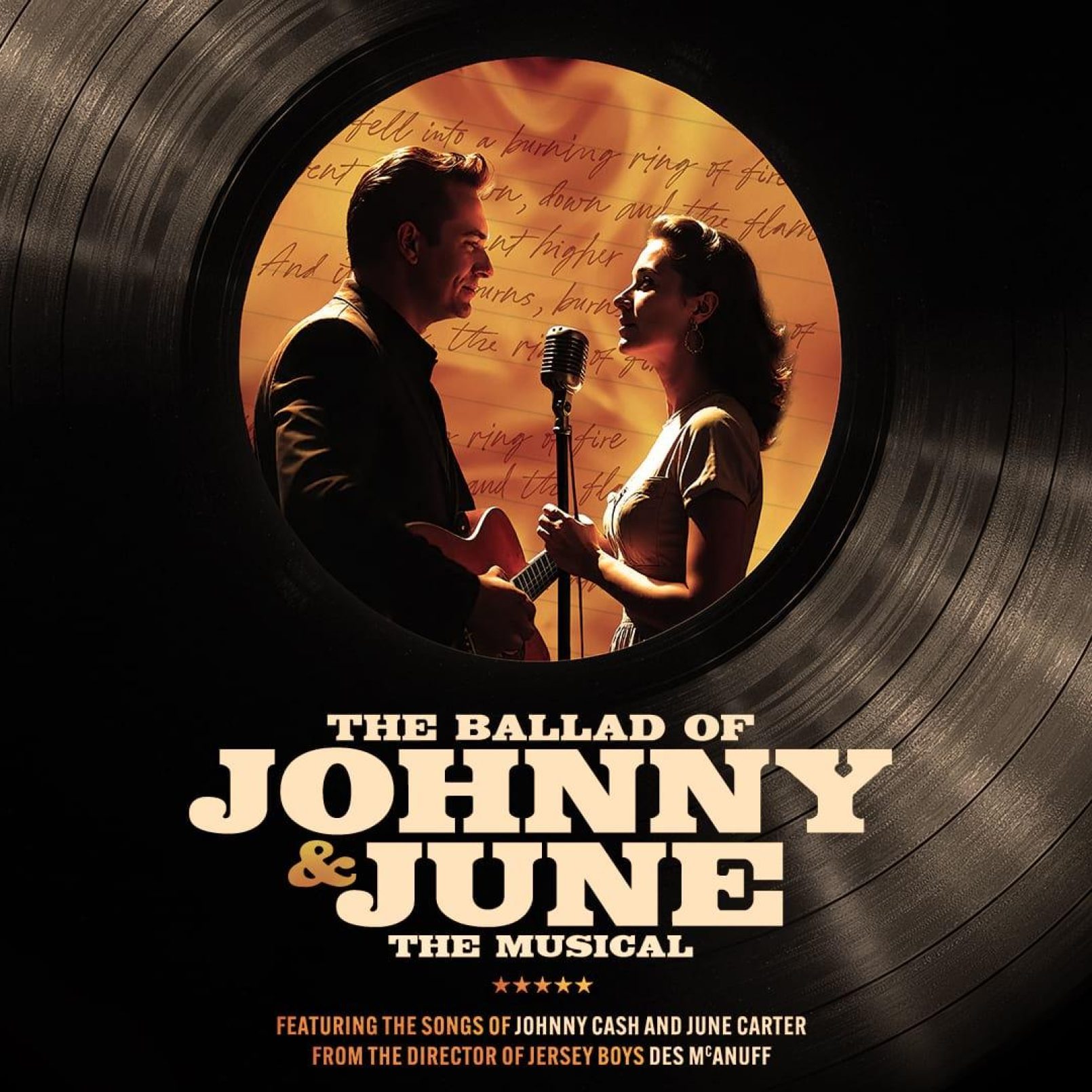Album cover-style image shows silhouetted man with guitar and woman in vintage attire with mic, set in center of vinyl record. Text: "The Ballad of Johnny & June: The Musical."
