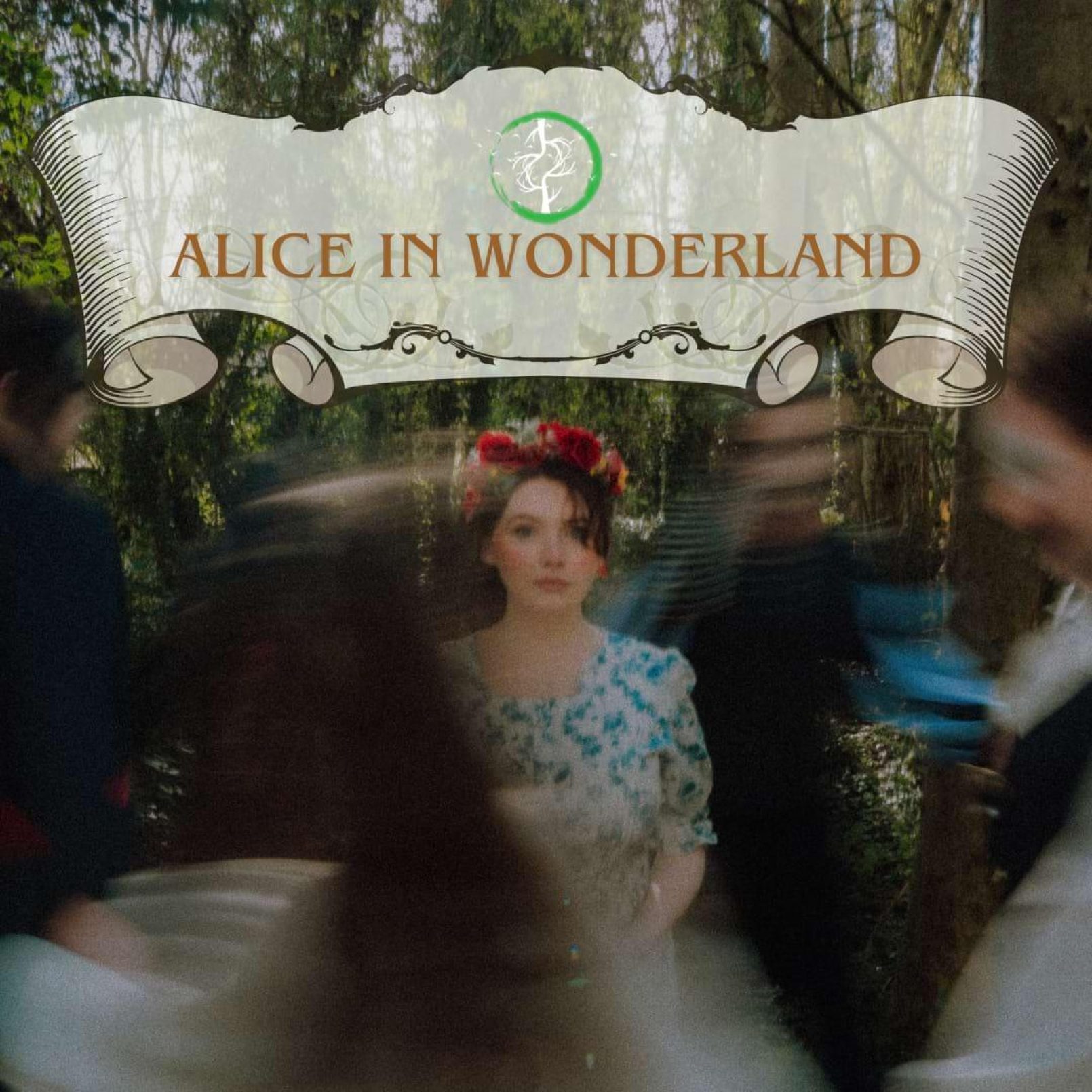 A girl in a floral dress and flower crown stands still in a forest. Blurred figures move around her. A banner reads "Alice in Wonderland."