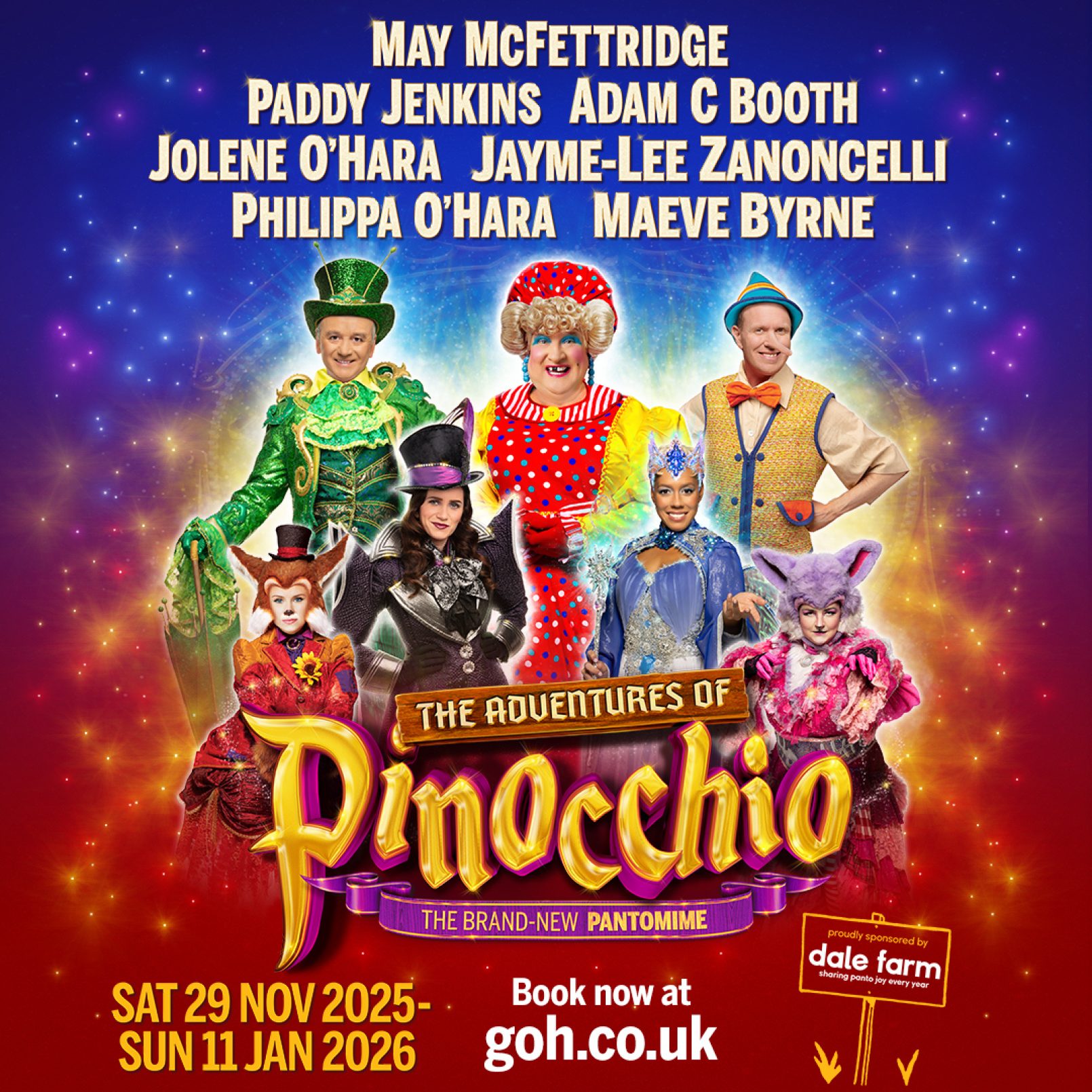 Poster for "The Adventures of Pinocchio" pantomime. Features colourfully dressed characters with playful expressions. Showtime: Nov 29, 2025, to Jan 11, 2026.