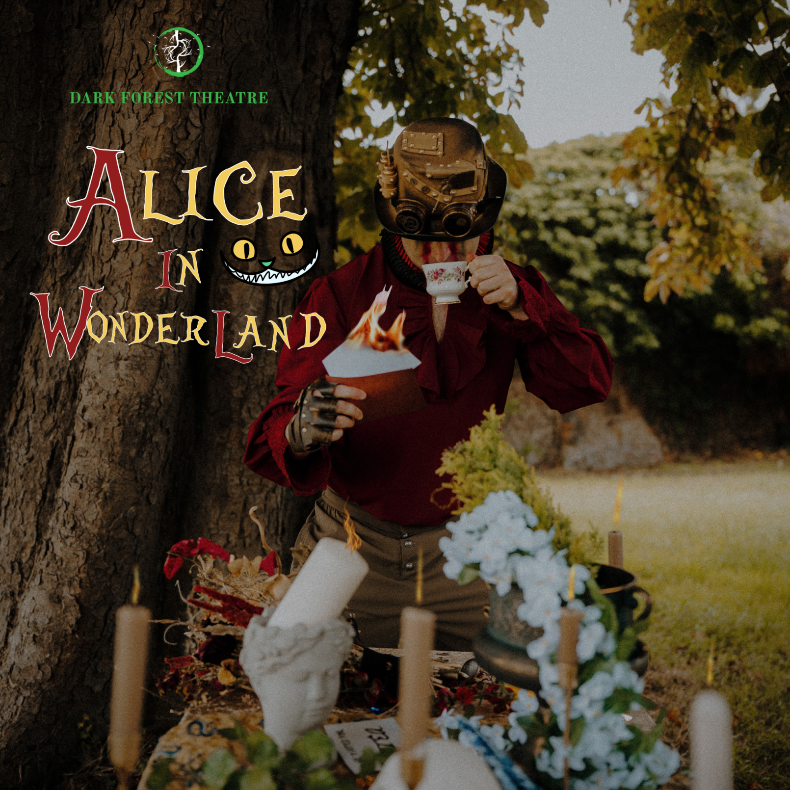 Steampunk character with helmet holding a burning letter and teacup, surrounded by candles and flowers under a tree. Text reads "Alice in Wonderland."