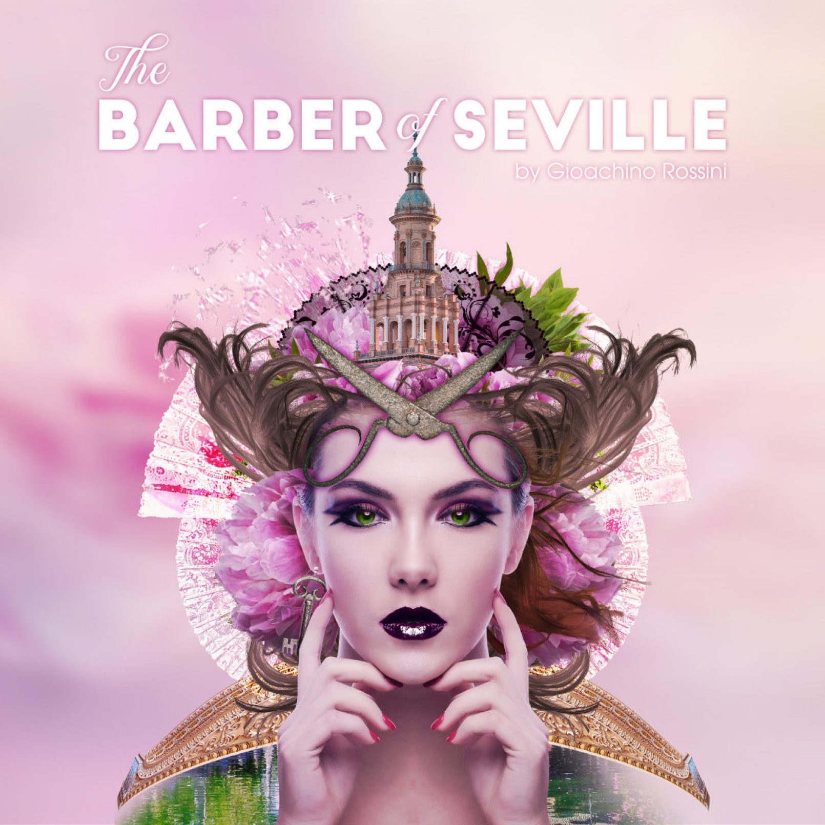 Surreal artwork for "The Barber of Seville" by Gioachino Rossini. A woman with scissors in her hair, surrounded by flowers and a tower, against a pink backdrop.