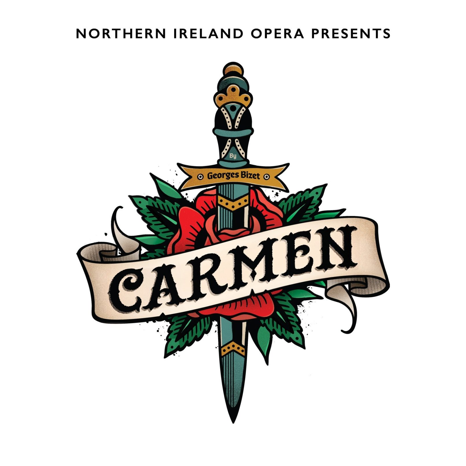 Tattoo-style design for "Carmen" by Georges Bizet, featuring a dagger through a red rose with green leaves. A ribbon with bold text wraps around.