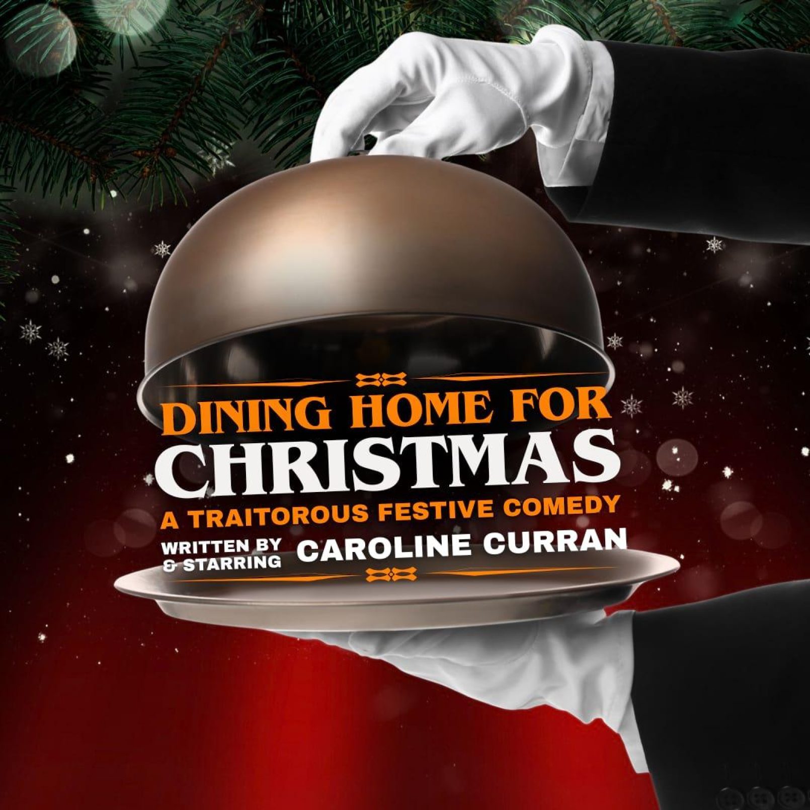 A white-gloved hand lifts a cloche, revealing the title "Dining Home for Christmas" in bold letters. Evergreen branches and snowflakes fill the festive red background.