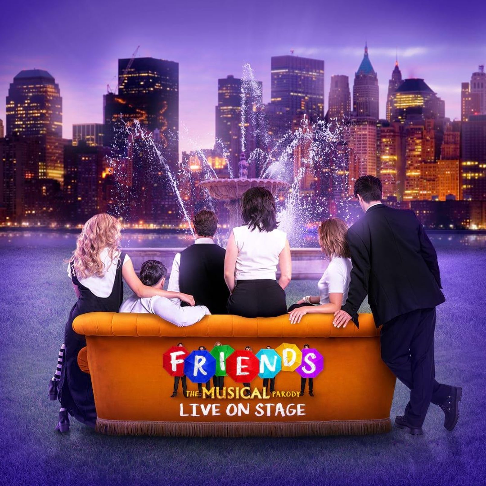 Group of six people on a couch facing a lit Manhattan skyline and fountain. Text reads "Friends The Musical Parody Live on Stage." Mood is nostalgic.
