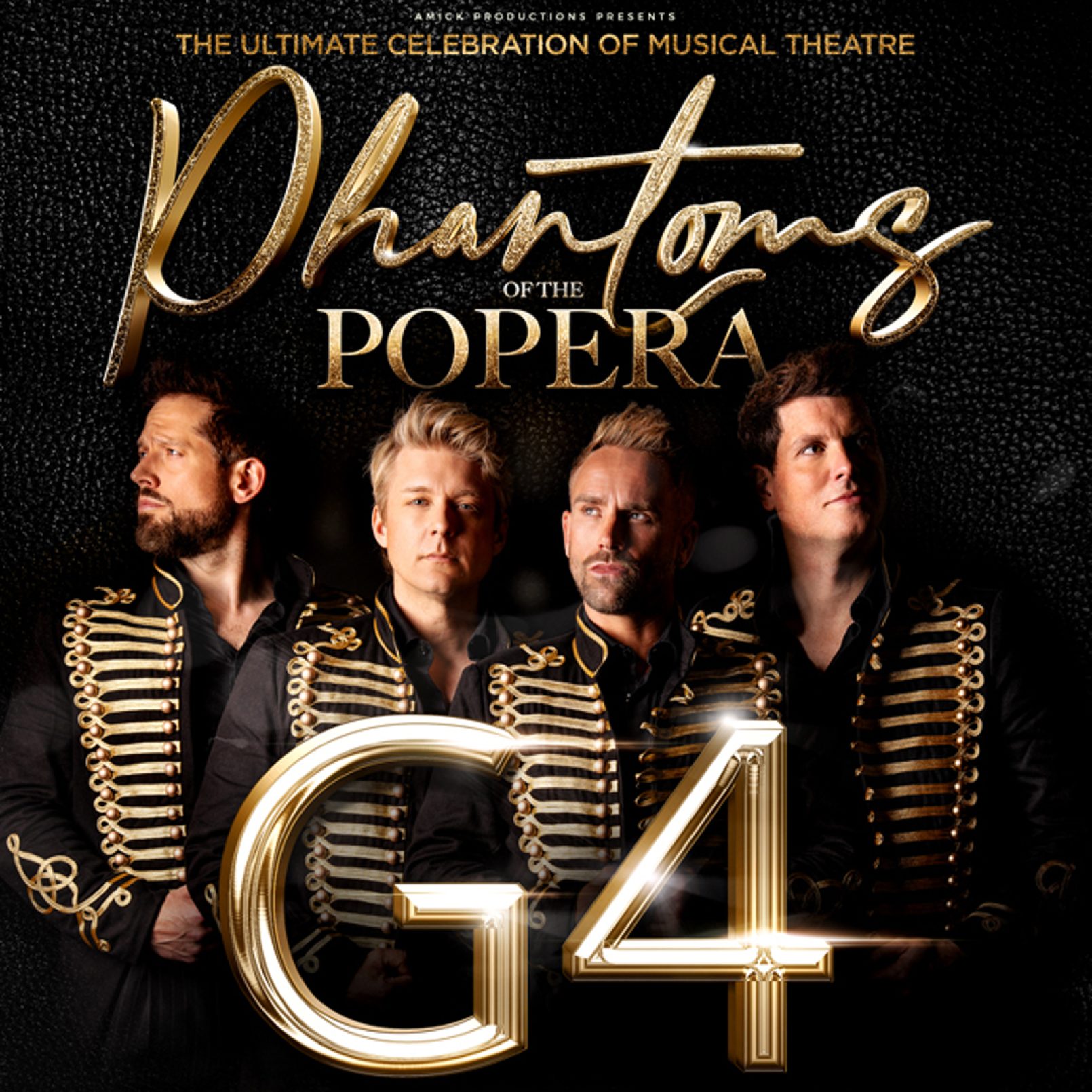 Four men in ornate black and gold jackets stand together against a dark background. The text above reads "Phantoms of the Opera" and "G4" below.
