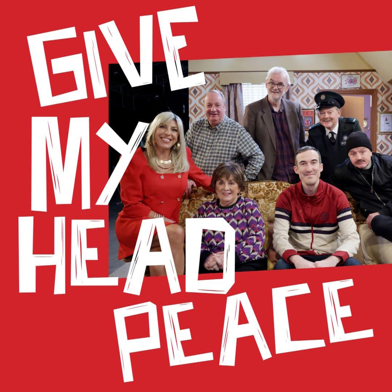 A cheerful group photo with seven people sitting and standing around a sofa in a retro-style room. Bold white text reads "Give My Head Peace" on a red background.