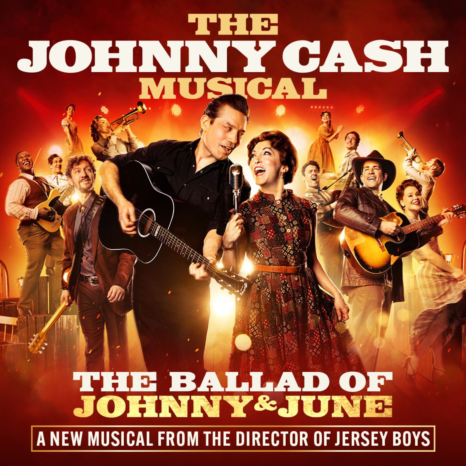 Poster for "The Johnny Cash Musical: The Ballad of Johnny & June" shows performers with guitars and microphones in a dynamic, energetic pose, against a vibrant red background.