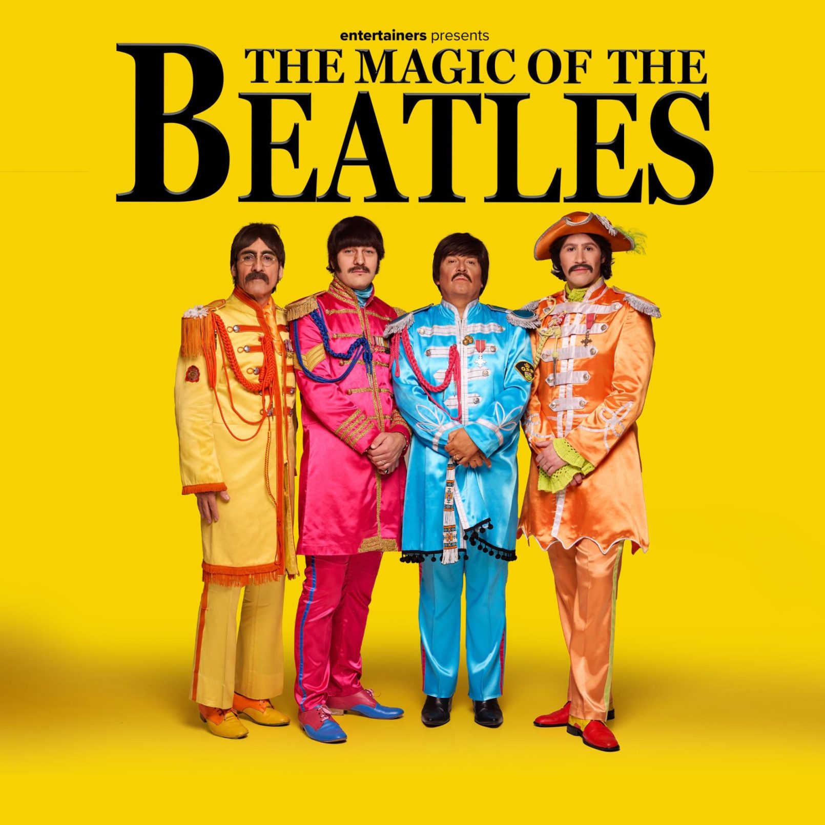 Four men in colourful Sgt. Pepper-style uniforms stand against a bright yellow background. Bold text above reads, "The Magic of the Beatles."