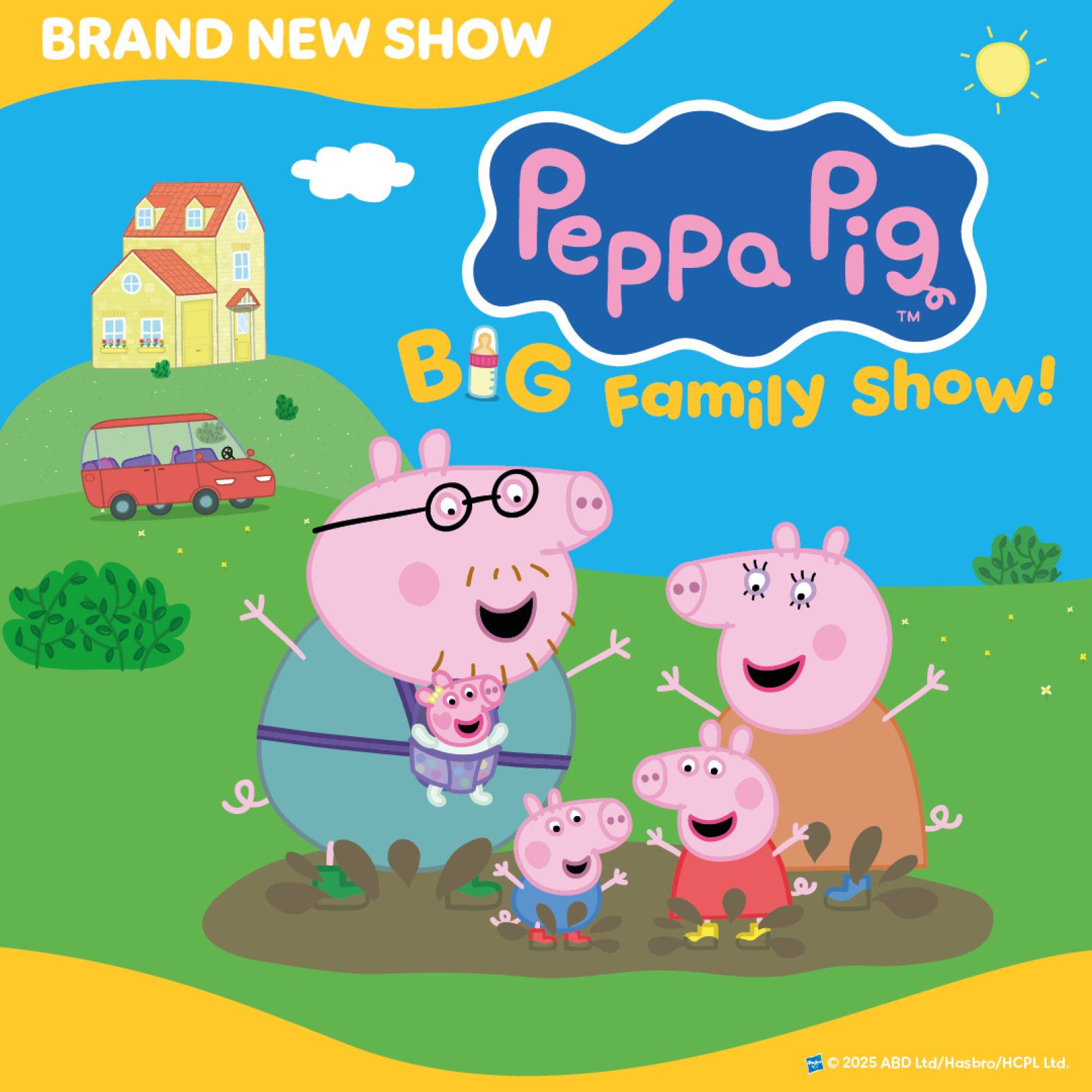 Cartoon image featuring a cheerful pig family from a new show. They stand outside a house with a sunny sky, car, and grassy hill in the background.