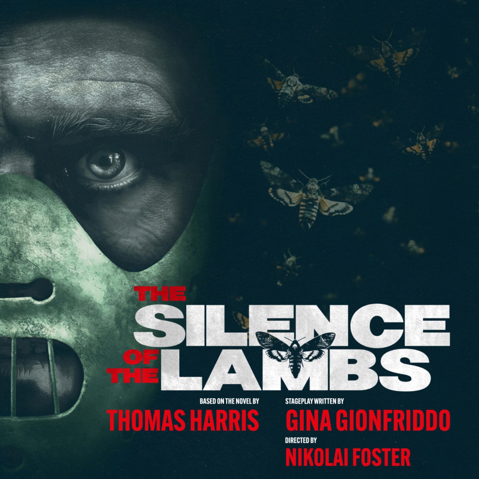 Close-up of a sinister face in a green mask on the left, alongside dark moths on the right. Bold text reads "The Silence of the Lambs."