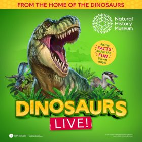 Dinosaur-themed event poster by the Natural History Museum featuring a roaring T-Rex and other dinosaurs with text "Dinosaurs Live!"