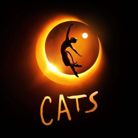 Silhouette of a dancer leaping in front of a glowing crescent, with the word "CATS" written below in large yellow letters.
