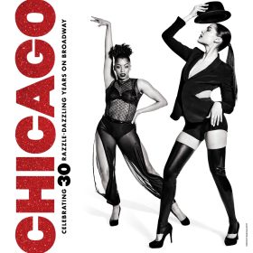 Two dancers striking poses in black attire for "Chicago" 30th Broadway anniversary poster with glittery red text.