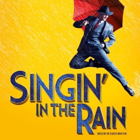 A person in a suit joyfully leaps with a red umbrella on a rainy backdrop. Bold text below reads "Singin' in the Rain," conveying excitement and nostalgia.