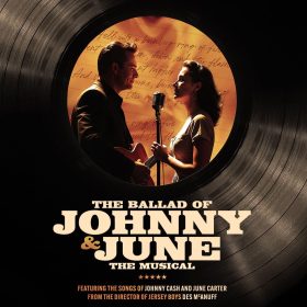 Album cover-style image shows silhouetted man with guitar and woman in vintage attire with mic, set in center of vinyl record. Text: "The Ballad of Johnny & June: The Musical."