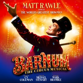 Image of a theatrical poster for "Barnum: The Circus Musical." A performer in a red coat and top hat holds a cane, smiling under bright stage lights.