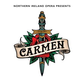 Tattoo-style design for "Carmen" by Georges Bizet, featuring a dagger through a red rose with green leaves. A ribbon with bold text wraps around.