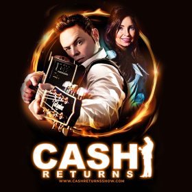 Man holding a guitar and smiling woman stand against a fiery circular backdrop. "CASH RETURNS" text glows beneath, exuding an energetic vibe.