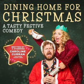 A festive comedy poster shows a woman in a red sequined dress playfully pouring gravy on a man's head. He wears a Santa suit, looking surprised. Text: "Dining Home for Christmas."