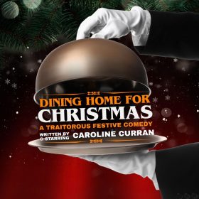 A white-gloved hand lifts a cloche, revealing the title "Dining Home for Christmas" in bold letters. Evergreen branches and snowflakes fill the festive red background.