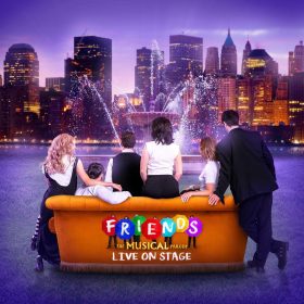 Group of six people on a couch facing a lit Manhattan skyline and fountain. Text reads "Friends The Musical Parody Live on Stage." Mood is nostalgic.