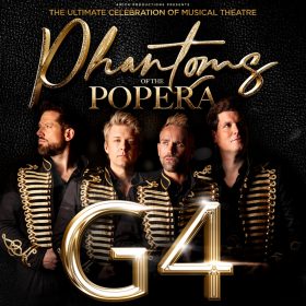Four men in ornate black and gold jackets stand together against a dark background. The text above reads "Phantoms of the Opera" and "G4" below.
