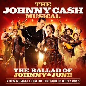 Poster for "The Johnny Cash Musical: The Ballad of Johnny & June" shows performers with guitars and microphones in a dynamic, energetic pose, against a vibrant red background.