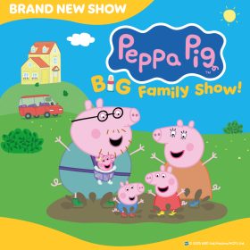 Cartoon image featuring a cheerful pig family from a new show. They stand outside a house with a sunny sky, car, and grassy hill in the background.