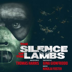 Close-up of a sinister face in a green mask on the left, alongside dark moths on the right. Bold text reads "The Silence of the Lambs."