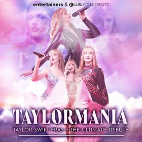 A dreamy, pink-hued poster shows a performer dressed as Taylor Swift from various eras. Text reads: "Taylormania: Taylor Swift Eras - The Ultimate Tribute."