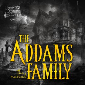 Dramatic poster for "The Addams Family The Musical" featuring a spooky, dimly lit mansion and a graveyard. Bold yellow title text contrasts with the dark, eerie background.