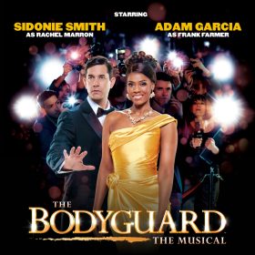 Poster for "The Bodyguard: The Musical" shows a confident woman in a gold dress and a man in a tuxedo amid paparazzi flashes, conveying glamour and drama.
