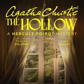 Cover of "The Hollow" by Agatha Christie. Text reads, "A Hercule Poirot Mystery." Image shows a shattered glass door with curtains, revealing greenery outside, evoking mystery.