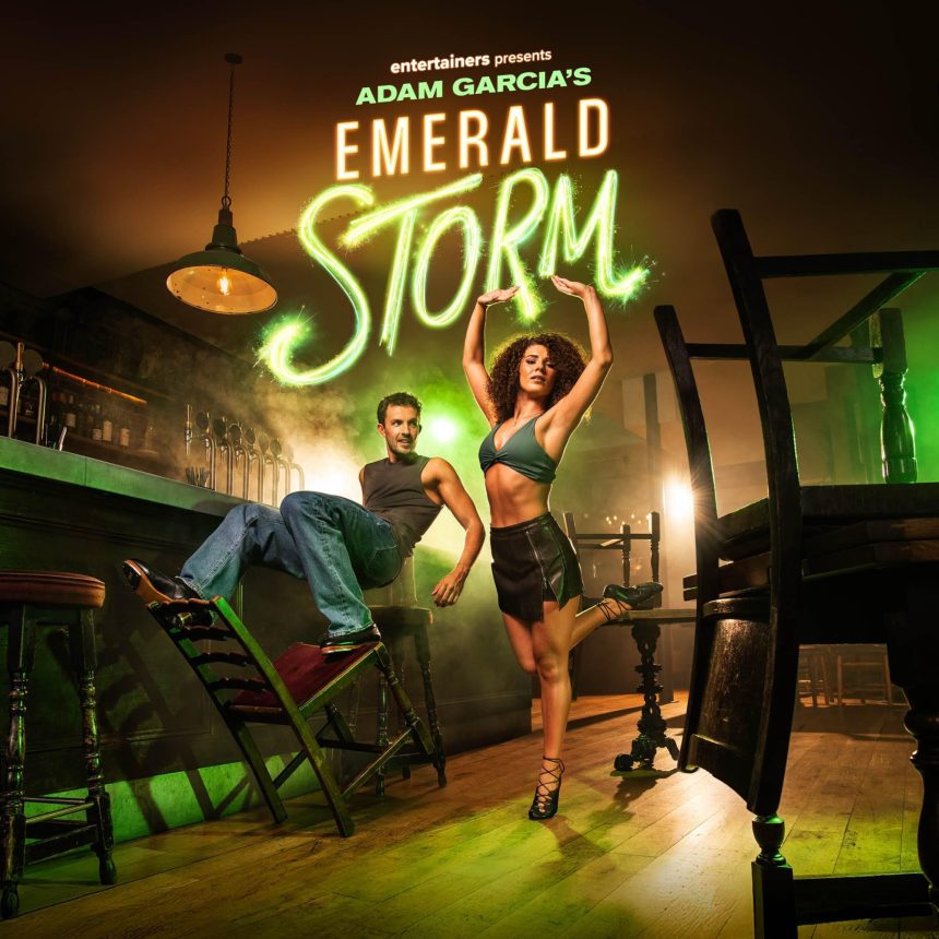 Two dancers perform energetically in a dimly lit bar with green lighting. The text "Adam Garcia's Emerald Storm" glows above them, creating a lively atmosphere.