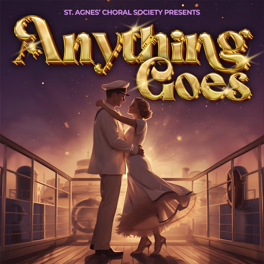A couple dances on a ship deck at sunset, surrounded by a warm glow under a starry sky. The text above reads "Anything Goes" in bold, golden letters.
