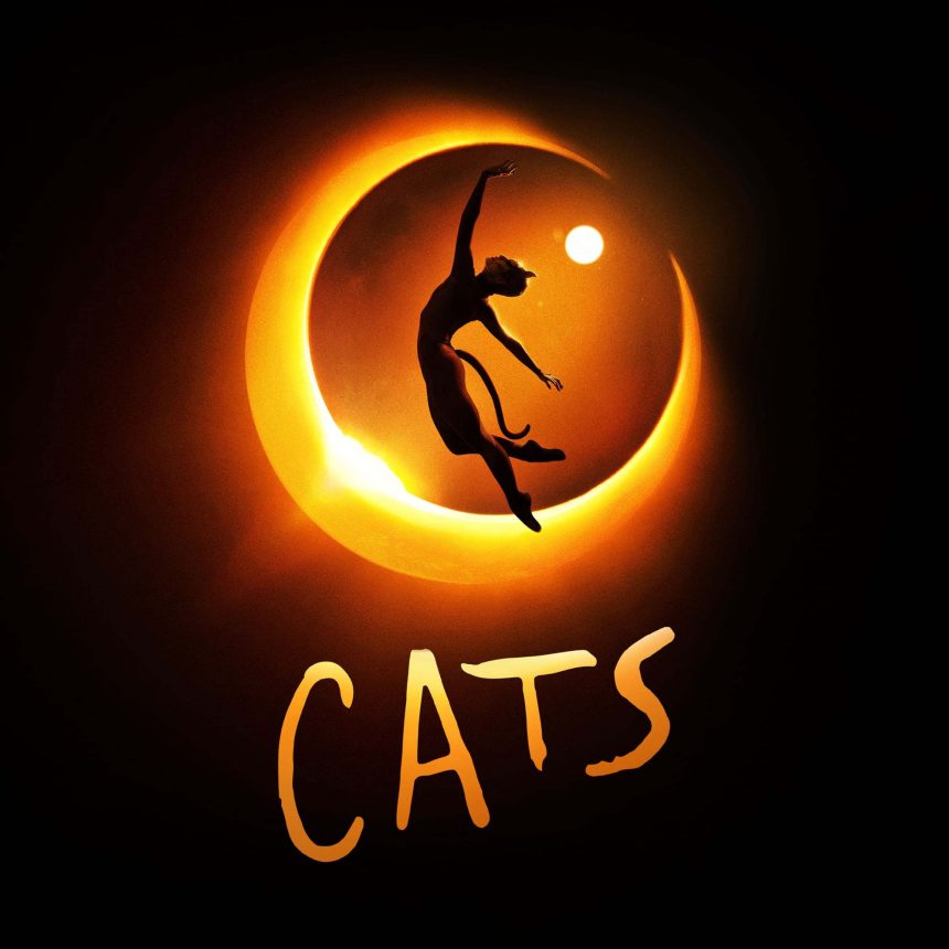 Silhouette of a dancer leaping in front of a glowing crescent, with the word "CATS" written below in large yellow letters.