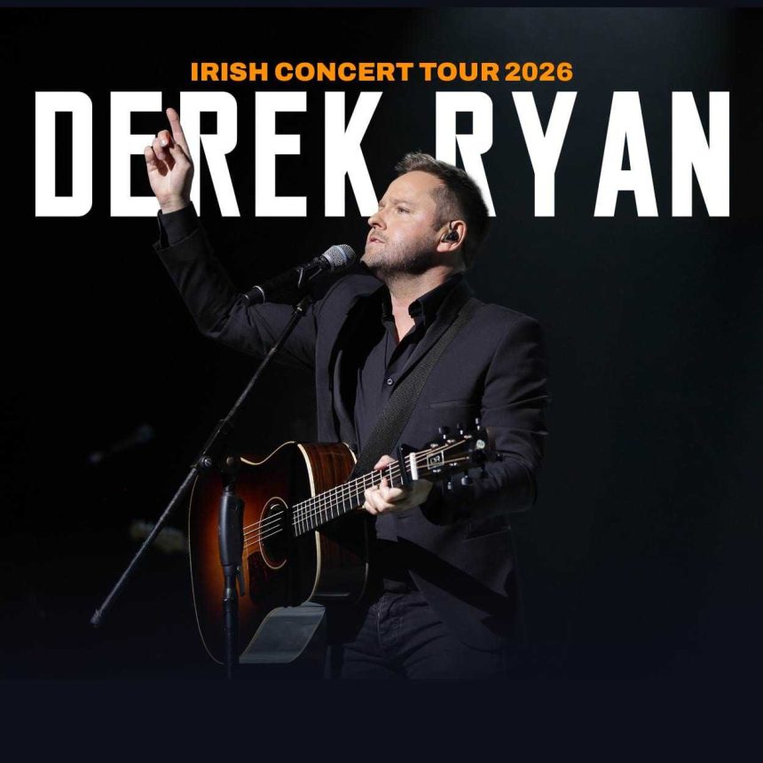 Musician performs on stage with a guitar, singing into a microphone, under the spotlight. Text above reads "Irish Concert Tour 2026" and "Derek Ryan".