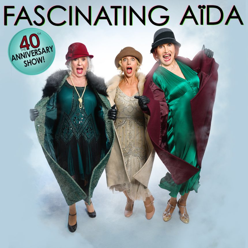 Three women in vintage flapper dresses and hats strike a lively pose, holding open their colourful coats. They express surprise and joy.