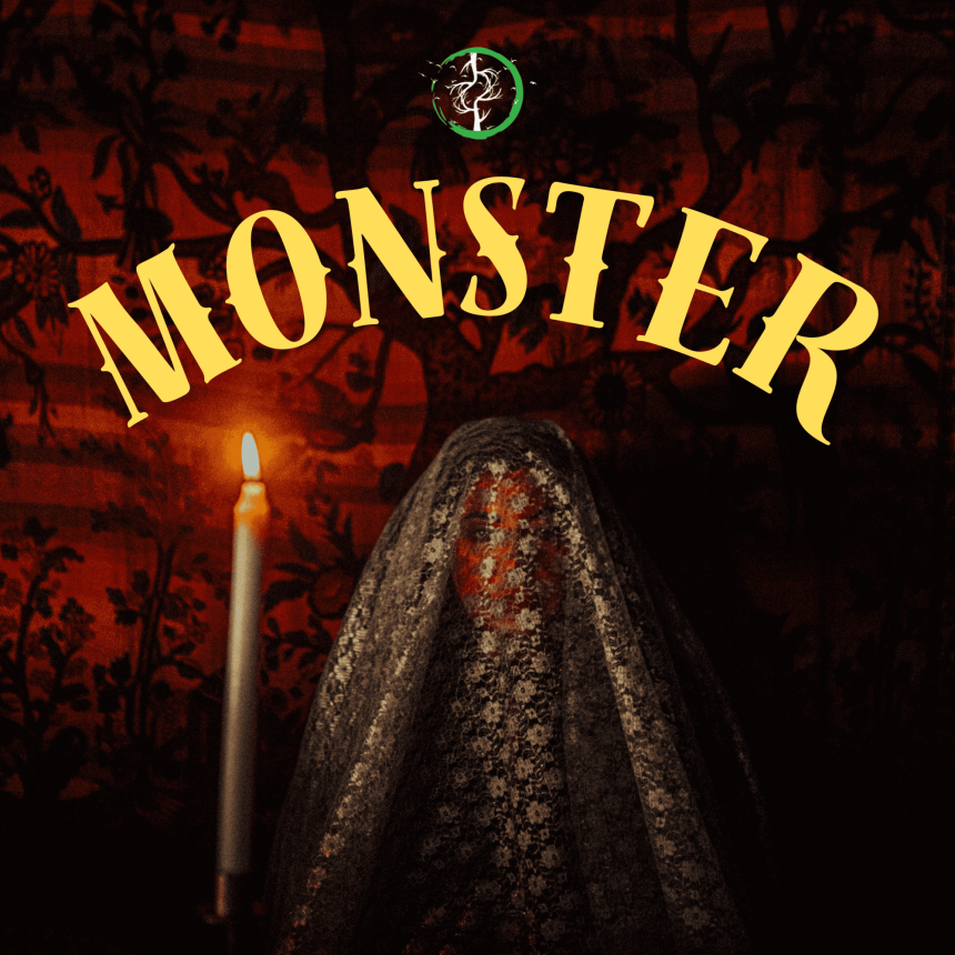 A candle-lit, shrouded figure veiled in lace stands against a dark, floral-patterned backdrop. The word "MONSTER" is boldly displayed overhead.
