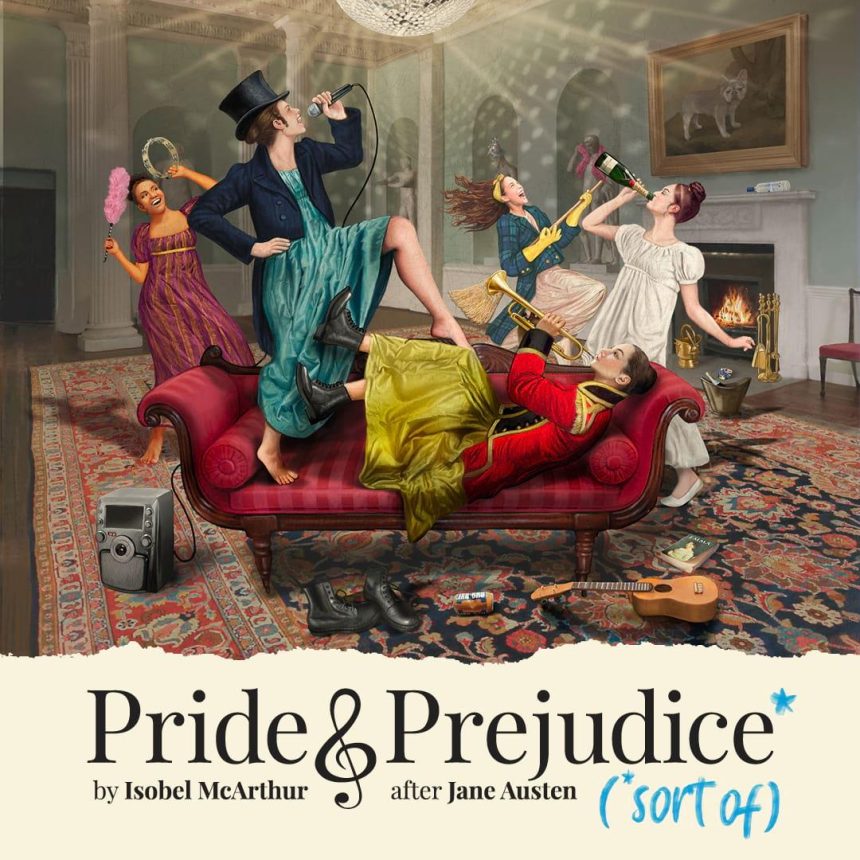 People in vibrant historical costumes dance energetically on a red chaise lounge, singing and playing air instruments. Joyful, lively atmosphere.