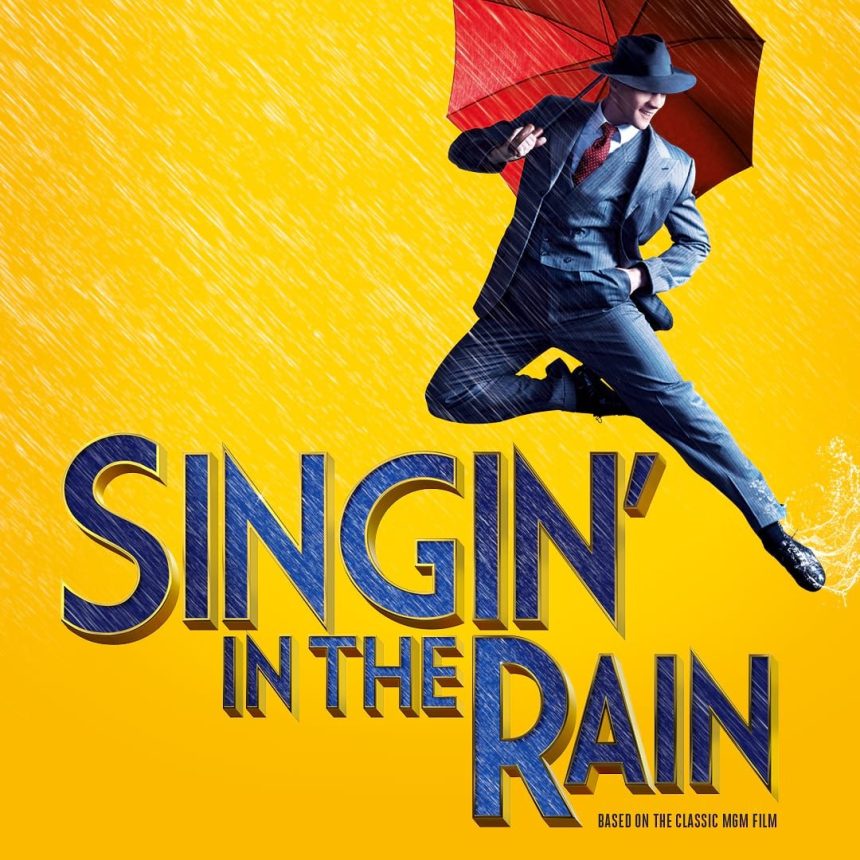A person in a suit joyfully leaps with a red umbrella on a rainy backdrop. Bold text below reads "Singin' in the Rain," conveying excitement and nostalgia.