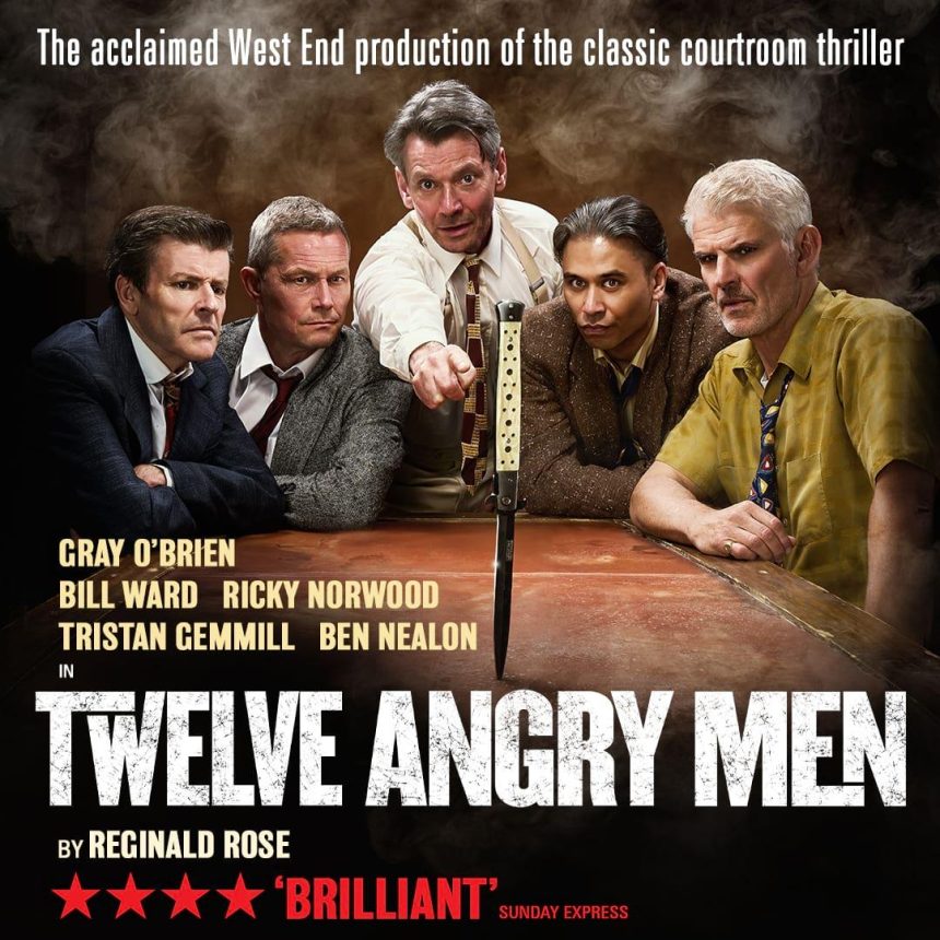 Group of five serious men around a table with a knife stuck in the centre, promoting the West End play "Twelve Angry Men."
