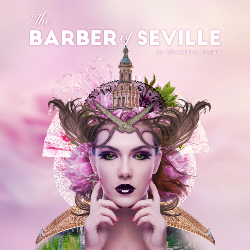 Surreal artwork for "The Barber of Seville" by Gioachino Rossini. A woman with scissors in her hair, surrounded by flowers and a tower, against a pink backdrop.