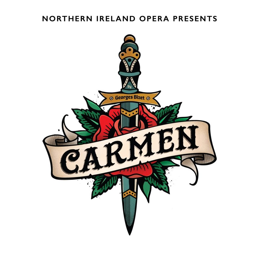 Tattoo-style design for "Carmen" by Georges Bizet, featuring a dagger through a red rose with green leaves. A ribbon with bold text wraps around.