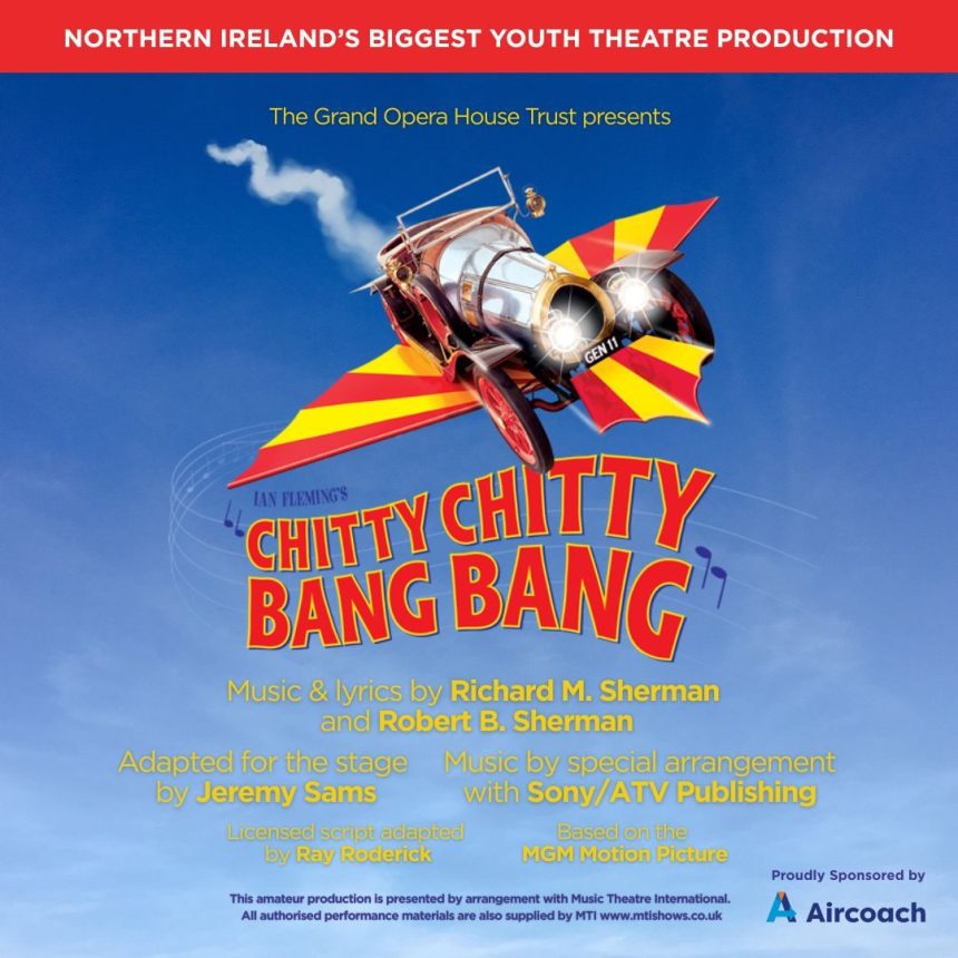 Flying car against a blue sky with a red and yellow wing design, featuring the title "Chitty Chitty Bang Bang" in bold red letters below.