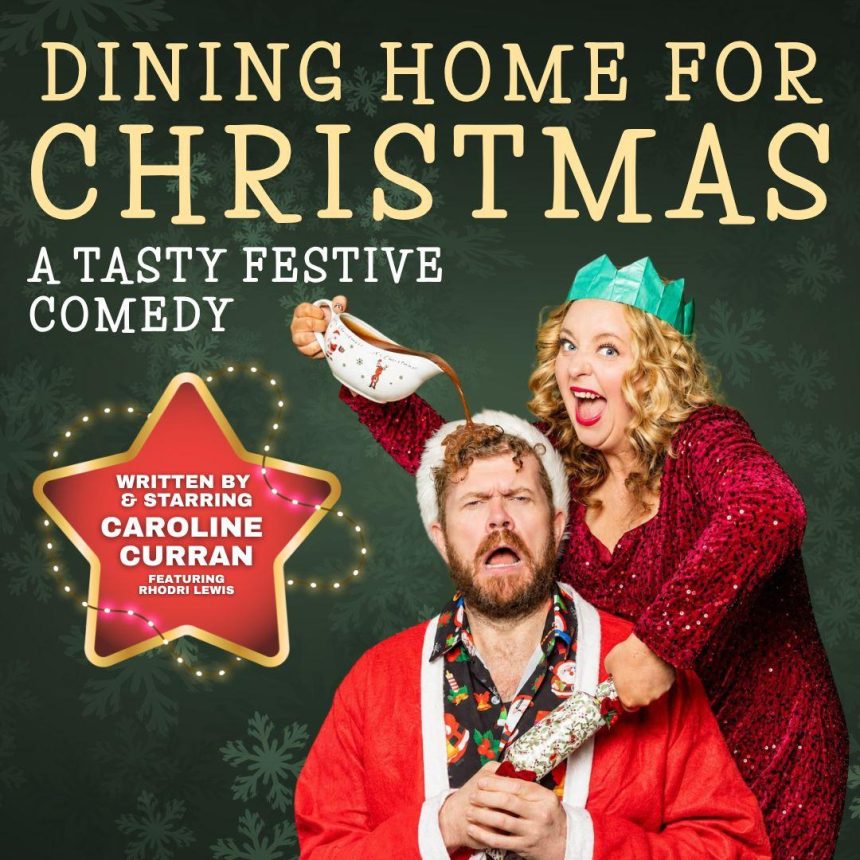 A festive comedy poster shows a woman in a red sequined dress playfully pouring gravy on a man's head. He wears a Santa suit, looking surprised. Text: "Dining Home for Christmas."